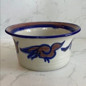Studio Art Pottery Glazed Bowl Pot Grey Brown Blue Bird Design Vintage Farmhouse